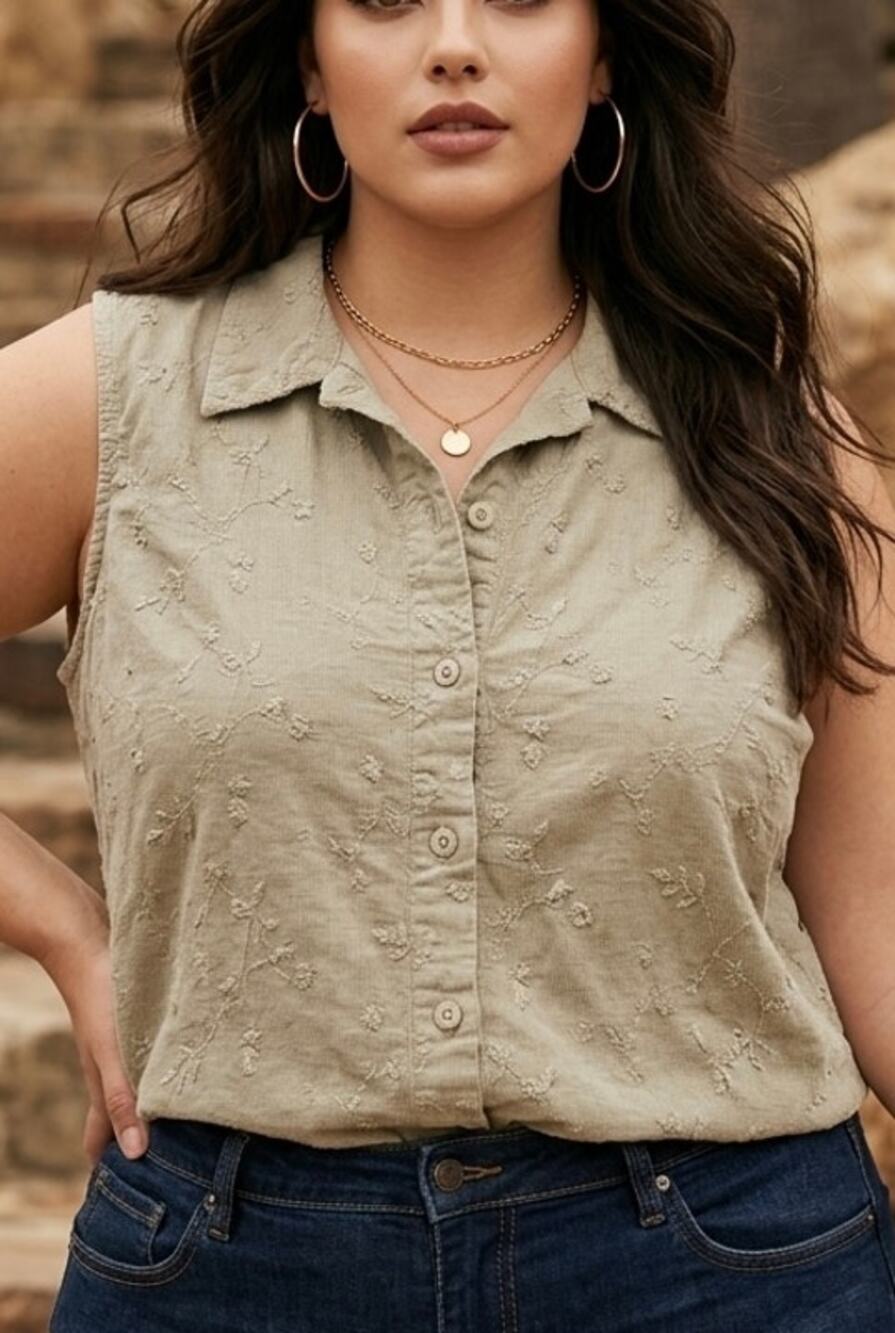 Vine Embroidery Womens Button Up Top 18W Safari Earthy Cottage Made in USA FLAW